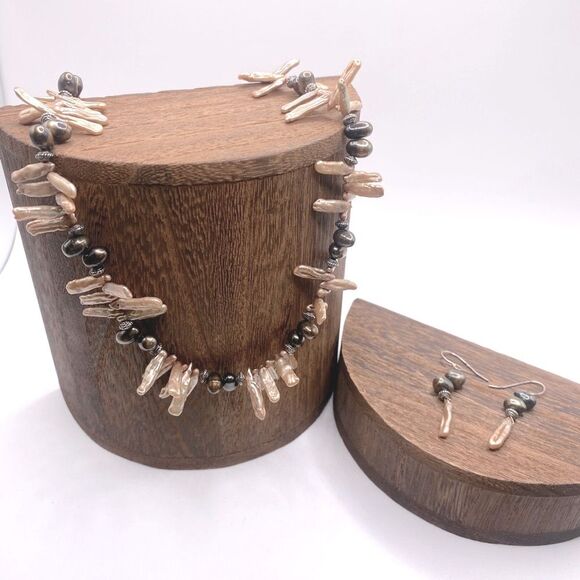 Natural Pearl Biwa Stick & Chocolate Necklace & Earring Set Boho Artsy Lagenlook - Picture 1 of 5